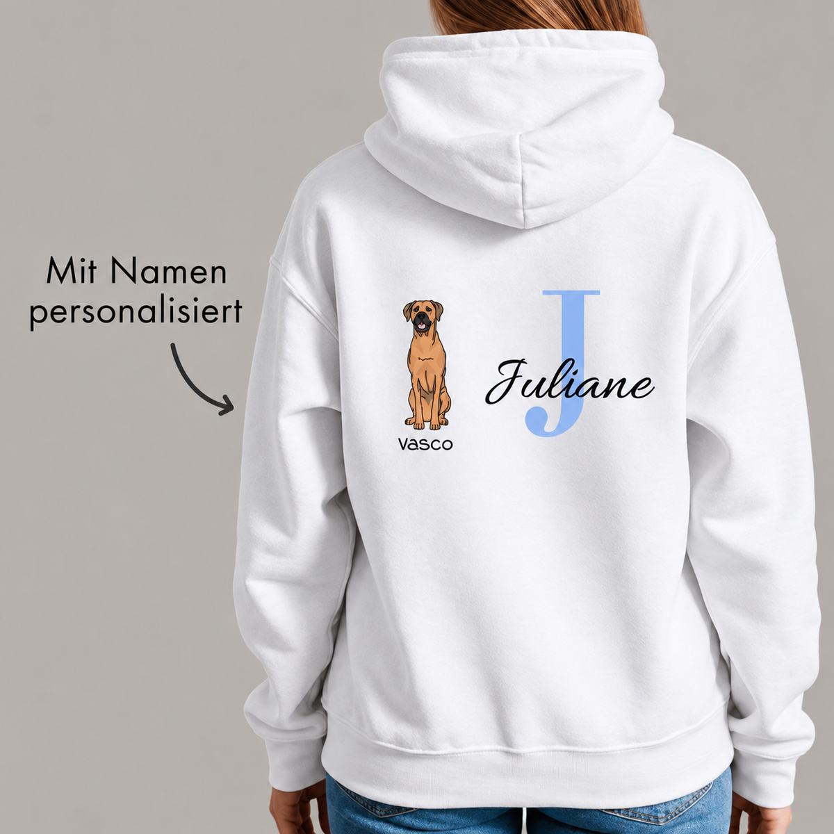 White hoodie with personalized initial and dog motif on the back.