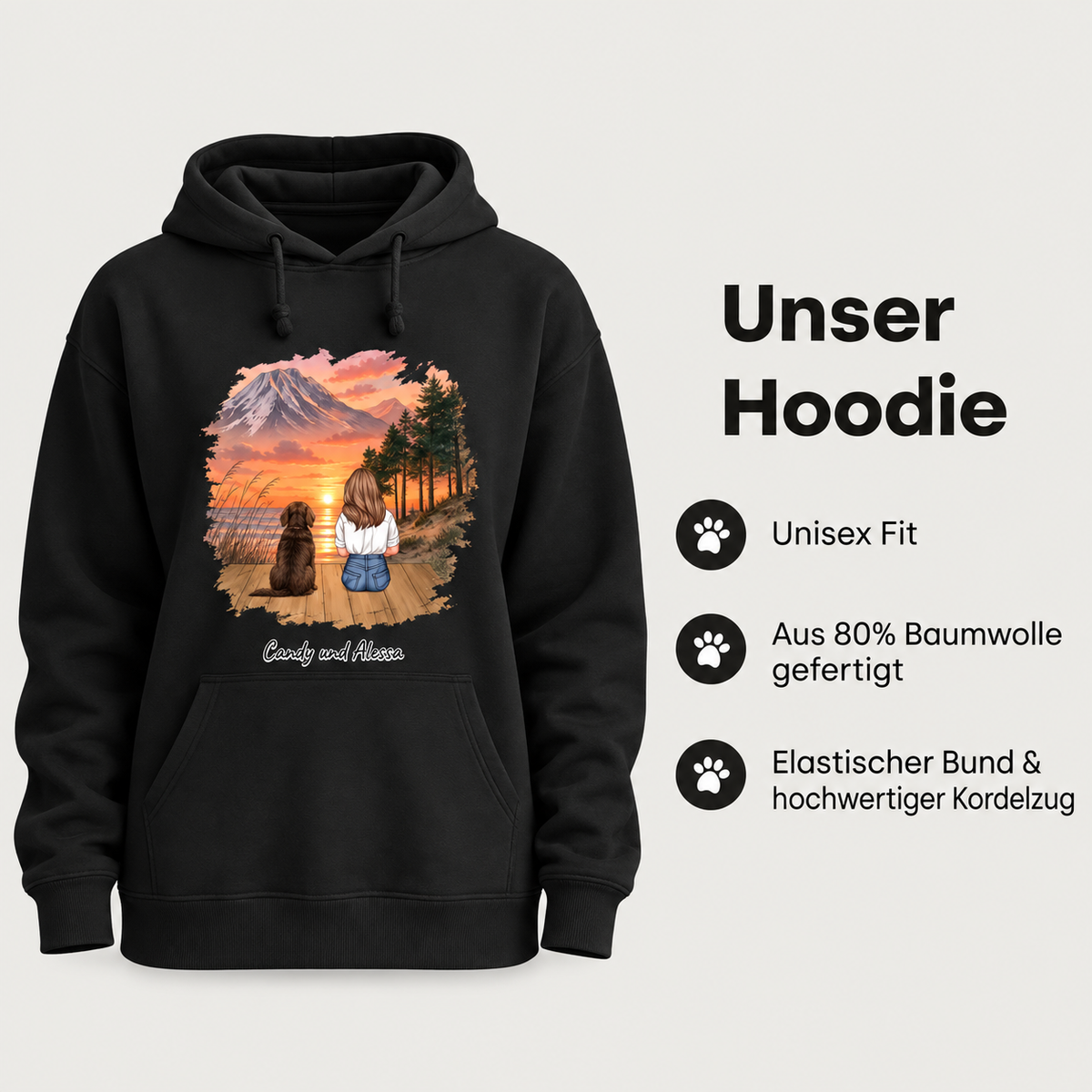 Black hoodie with personalized graphic of a person and a dog in front of mountains and sunset.