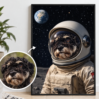 Personalized poster of a dog in an astronaut suit against a planetary background.