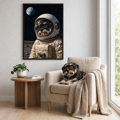 Personalized astronaut poster with dog in a room; brown couch, plants and blanket visible.