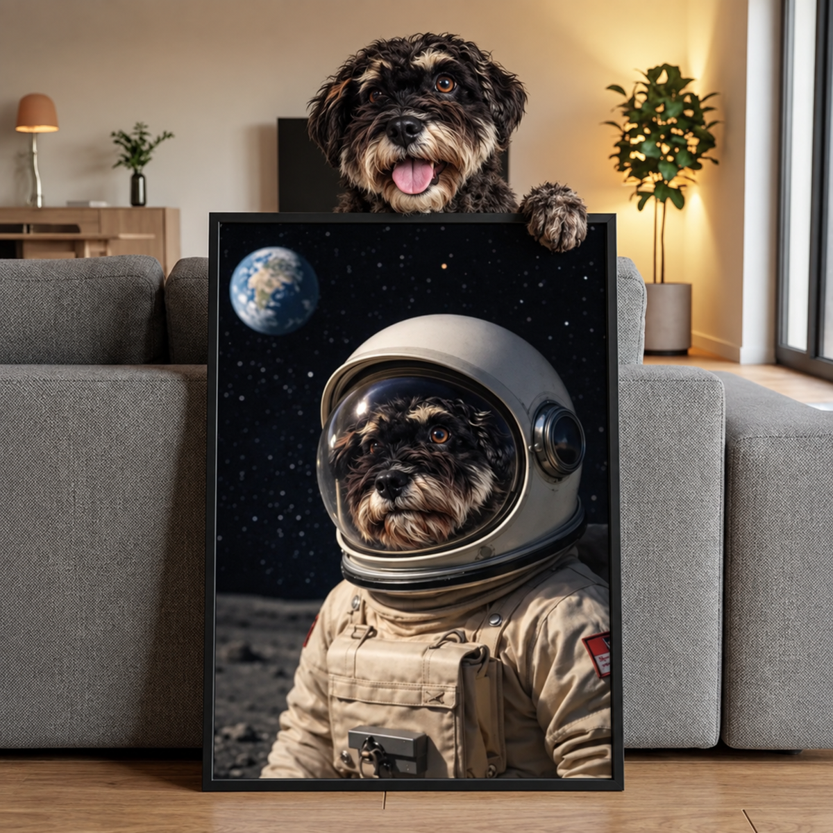 Poster of a dog in an astronaut suit against a space background. Black frame.