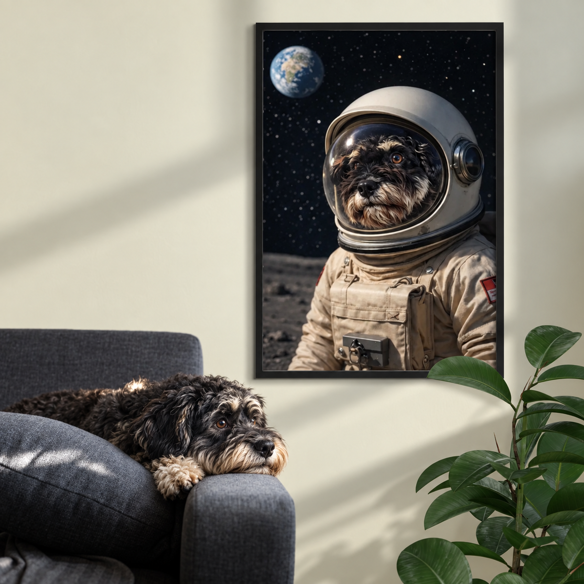 Framed poster of an astronaut dog in space, with Earth visible in the background. Couch with dog.