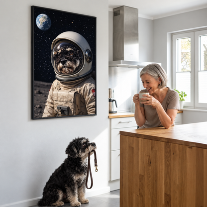 Personalized astronaut poster with dog in a room, woman holding a cup, dog sitting on a lead.