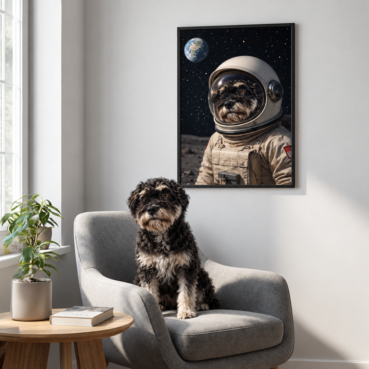Personalized astronaut poster with the picture of a dog in a room, grey armchair and plant visible.