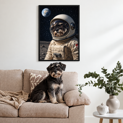Poster of a dog in an astronaut suit in front of planet Earth in space, in a black frame.