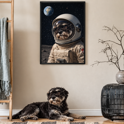 Poster of a dog in an astronaut suit with planet Earth in the background.