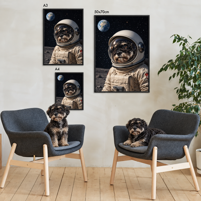 Three framed posters of a dog in an astronaut suit in front of Earth, in different sizes, on a wall.