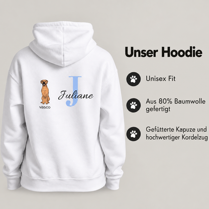 Personalized white hoodie with dog motif, initial "J" and name "Juliane", made of 80% cotton.