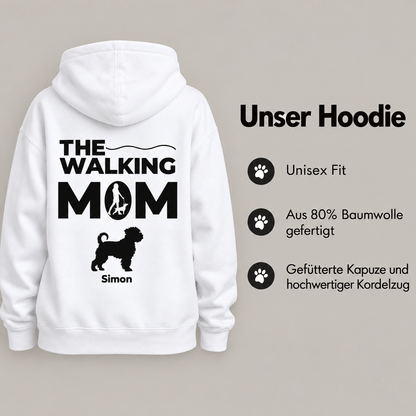 White hoodie printed with "THE WALKING MOM" and a dog silhouette. Unisex design.