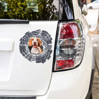 Personalized car sticker with dog picture, designed like shattered glass on a white vehicle.