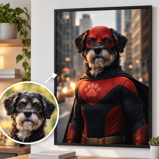 Personalized poster of a dog in a superhero costume with red suit and black cape.