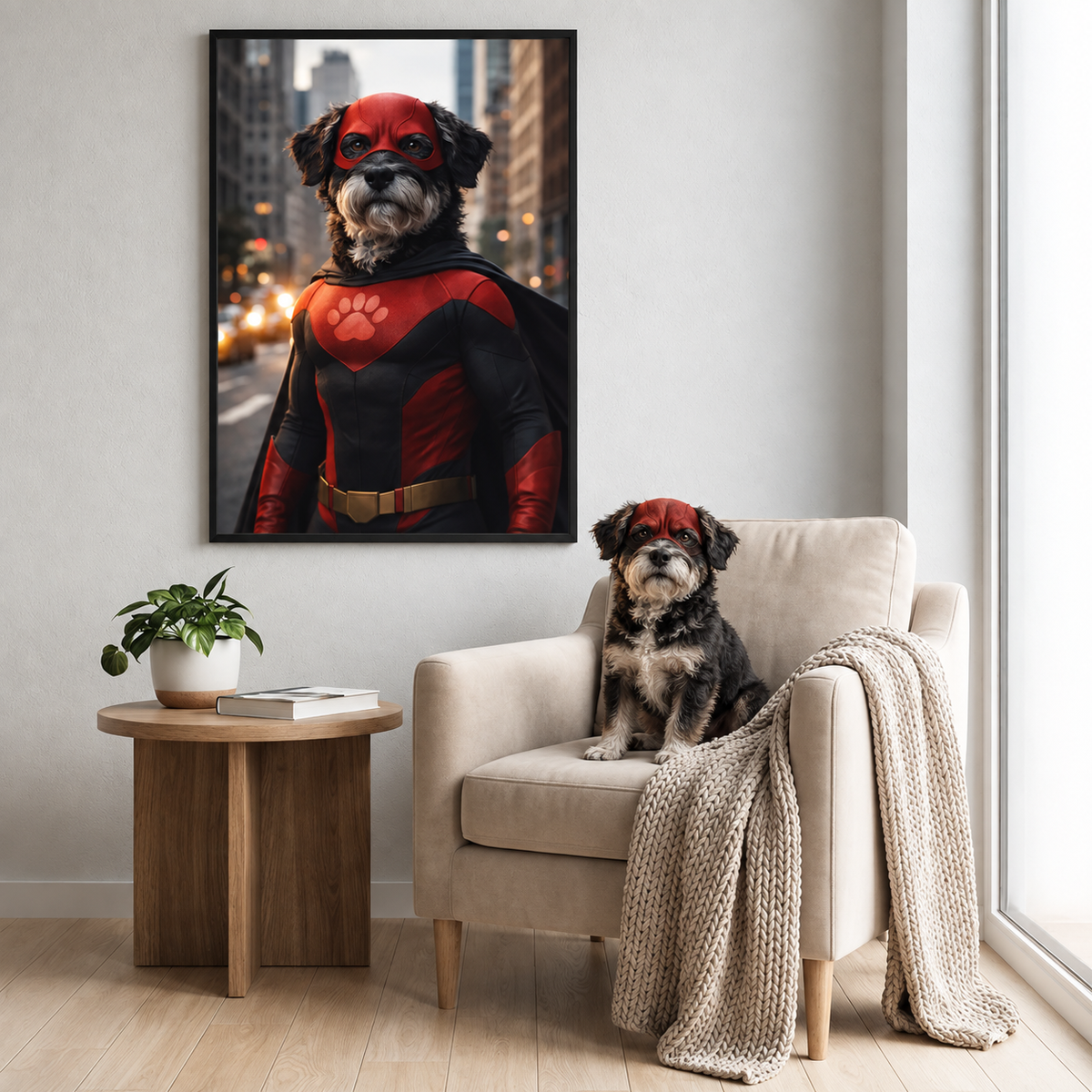 A personalized poster of a dog in a red and black superhero-like costume on the wall. Dog sitting in an armchair.