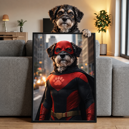 A dog wearing a superhero costume with red cape and mask, the picture in a frame.