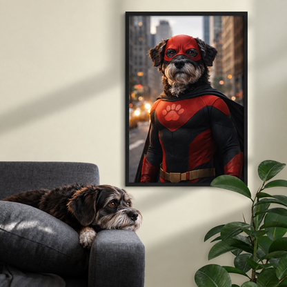 Poster of a dog in a red and black superhero suit with mask, decorative on the wall. Couch and plant in the picture.