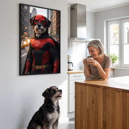 Personalized wall poster of a dog in a superhero suit in the kitchen. Wooden table and smiling woman with a drink.