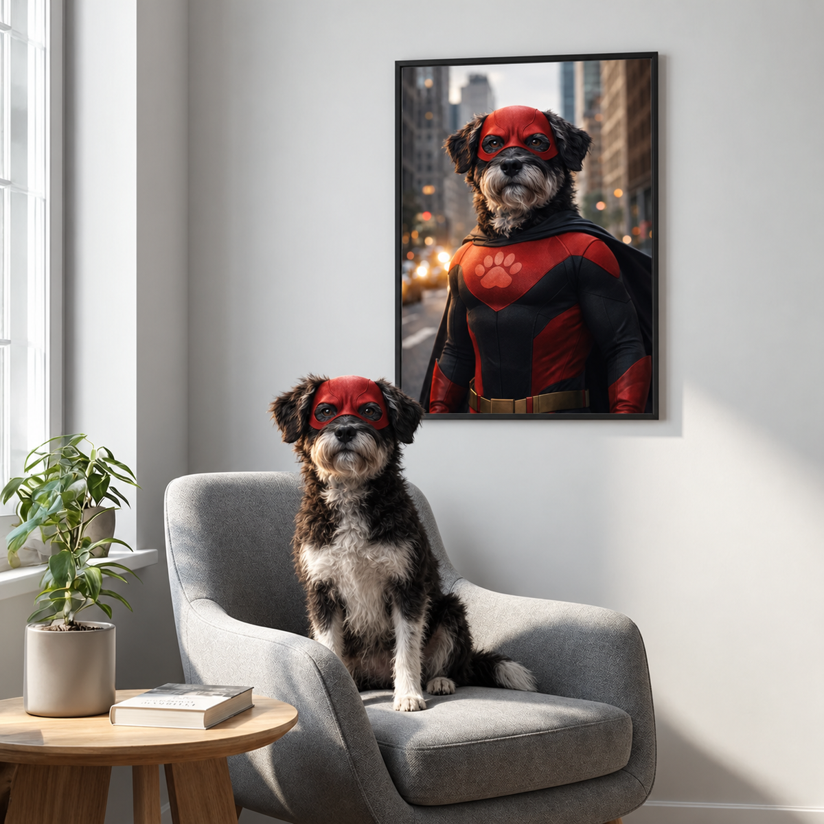 Dog portrait in a living room, dog with red mask and cape, personalized superhero poster on the wall.