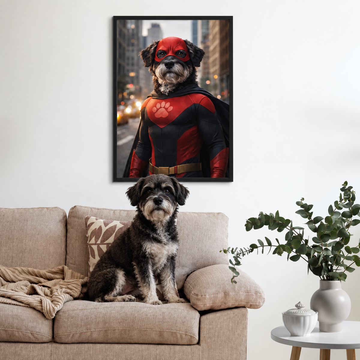 Dog on a sofa, personalized poster of a dog as a superhero on the wall.