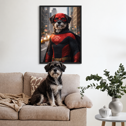 Dog on a sofa, personalized poster of a dog as a superhero on the wall.