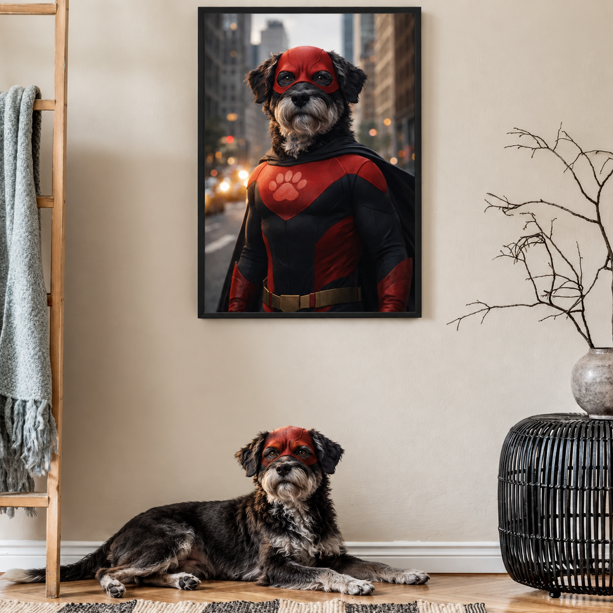 Dog in a superhero costume, red suit with mask, framed poster in the background.