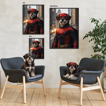 Personalized poster of a dog as a superhero in a red costume, framed in three sizes on the wall.