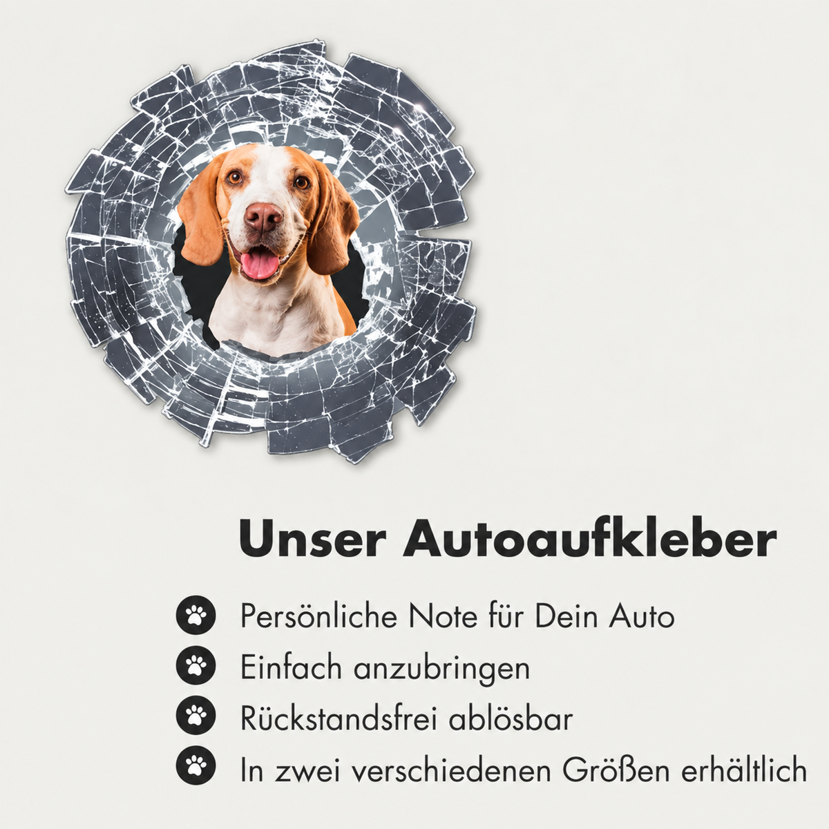 Personalized car sticker with dog picture in the form of shattered glass.