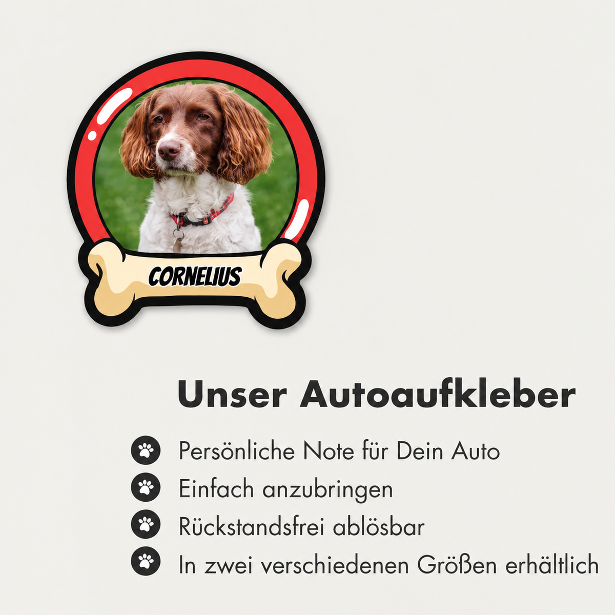 Personalized dog-shaped car sticker with a red frame and the name "CORNELIUS".