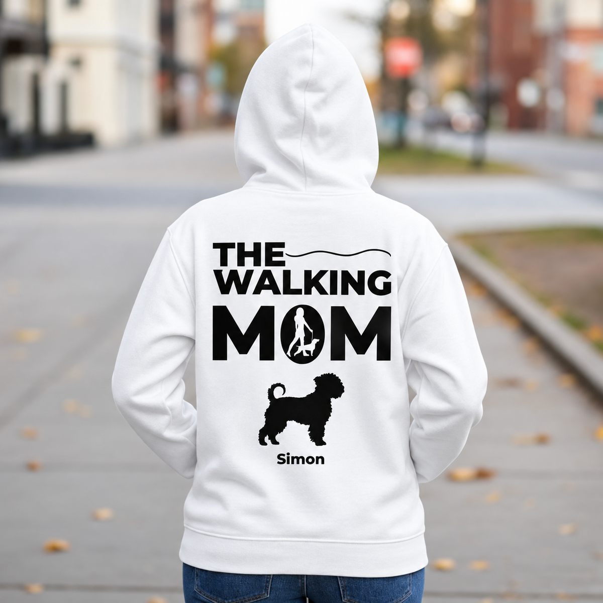White hoodie with "THE WALKING MOM" back print and dog silhouette, personalized with the name Simon