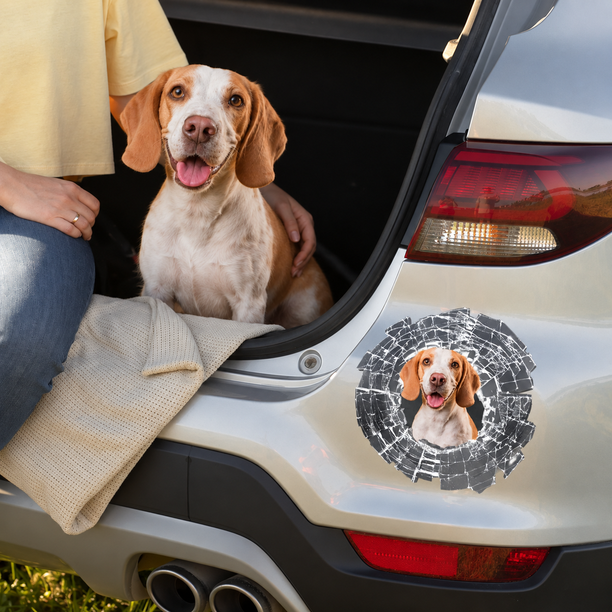 Personalized car sticker with picture of a Beagle on a grey vehicle, broken-glass effect look.