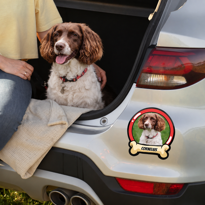 Personalized car sticker with dog picture and name, applied to the boot of a grey car.