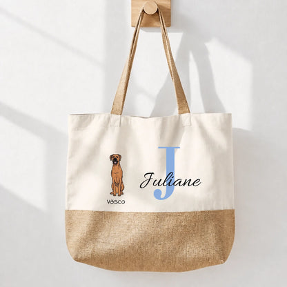 Personalized canvas tote bag with the letter J, the name Juliane and a dog motif in beige and brown.