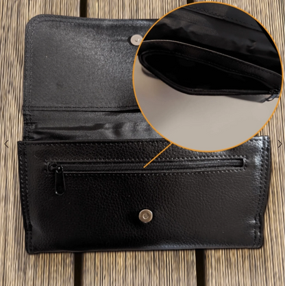 Black personalized suede-look wallet with inner zip compartment.