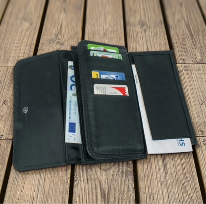 Black personalized leather wallet with several card slots and a banknote compartment.