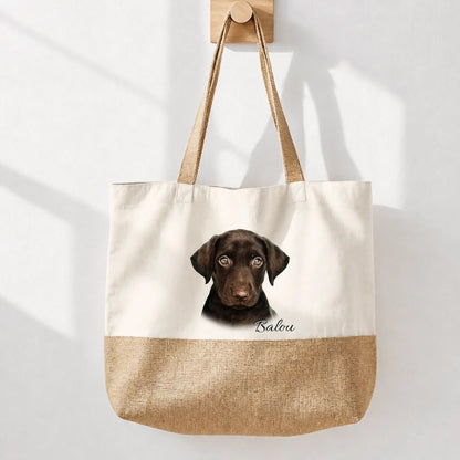 Personalized cotton tote bag with jute-style base, printed with a dog pet portrait.