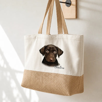 Beige tote bag with brown dog portrait and personalized name Balou.