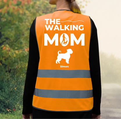 Personalized orange safety vest with reflective stripes, “The Walking Mom” print and dog motif.