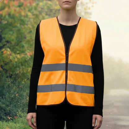 Personalized hi-vis vest in bright orange with reflective stripes, worn by a person.