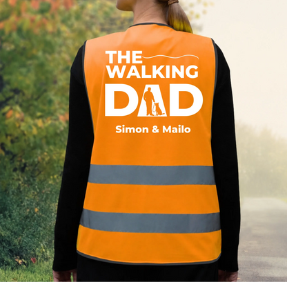 Orange safety vest with reflective stripes and personalized “The Walking Dad” print.