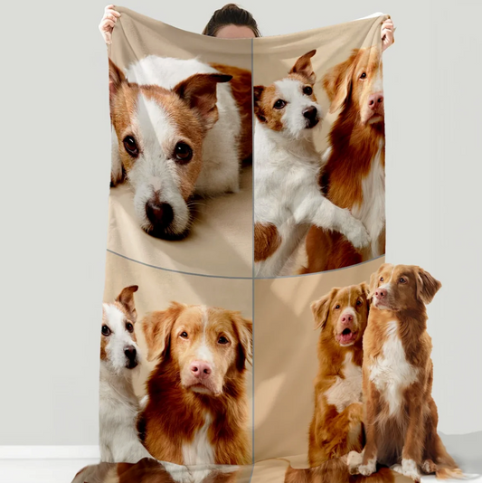Personalized blanket with four pictures of dogs on a beige background, held by a person.