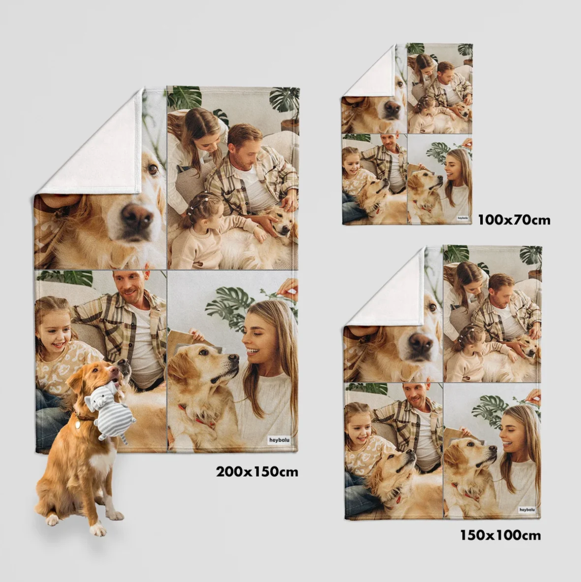 Personalized blankets in different sizes with your own photos, including family pictures and pets.