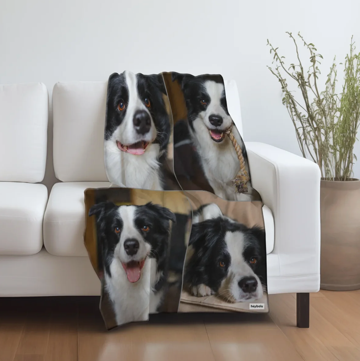 Personalized blanket with photos of a dog, draped over a couch.