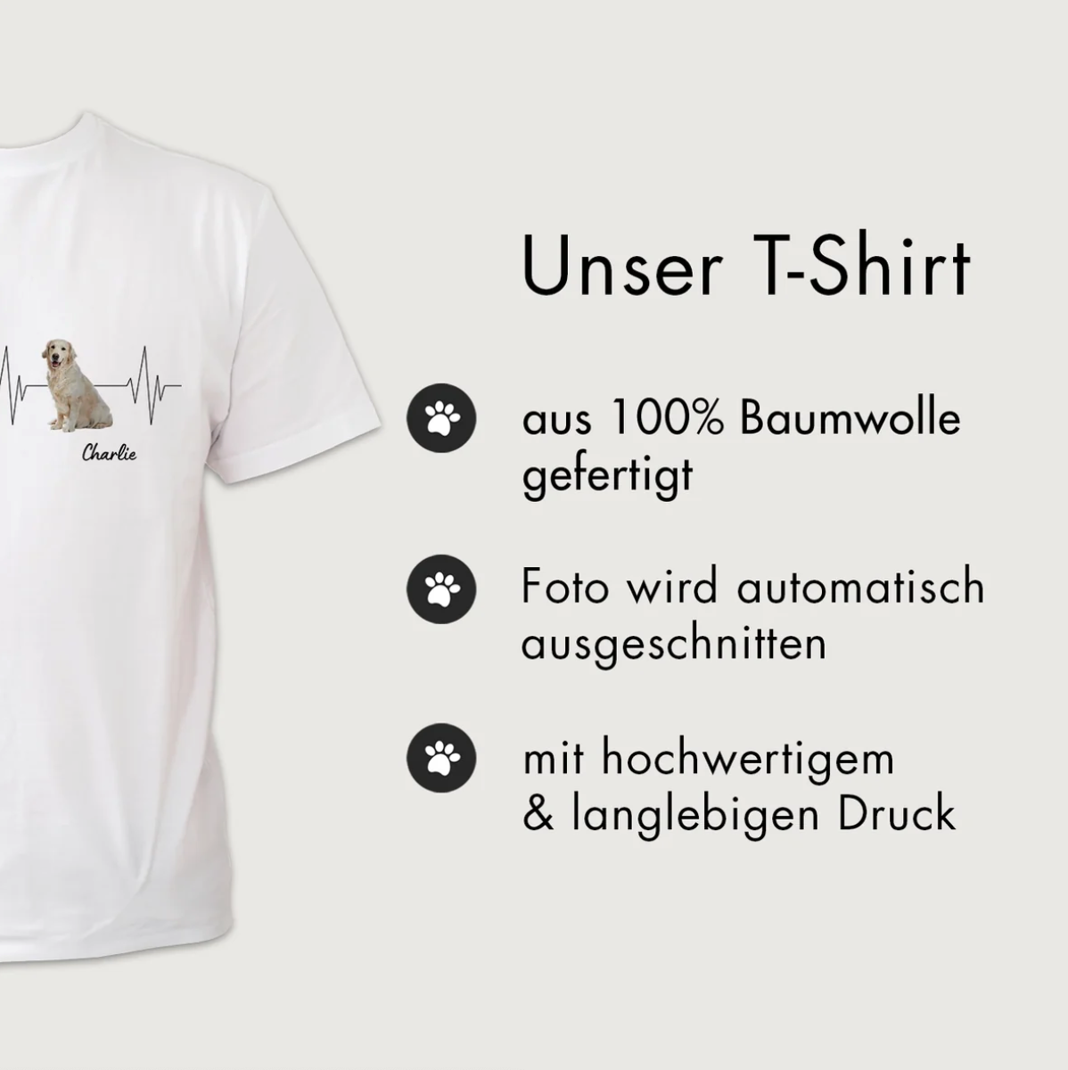 White T-shirt made of 100% cotton with dog motif and heartbeat design. Personal name option.