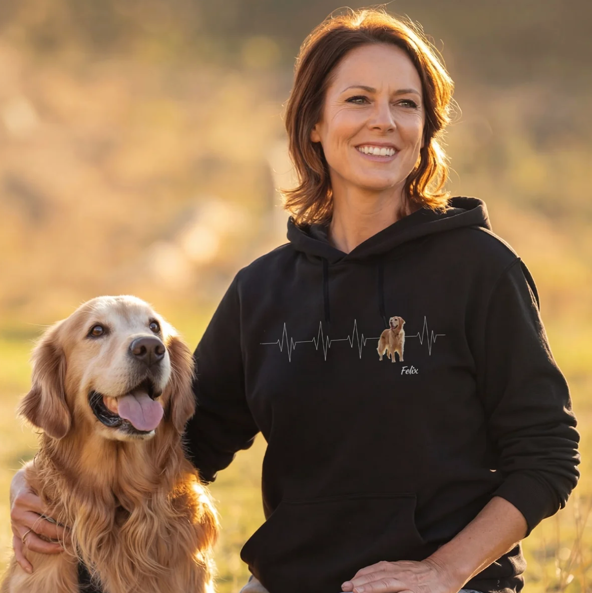 Black hoodie with heartbeat design and golden retriever, personalized with the name "Felix".