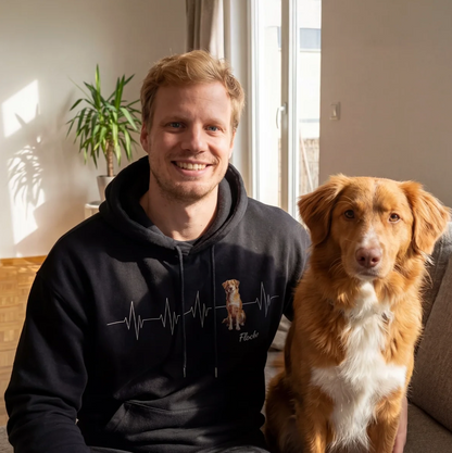 Black hoodie with heartbeat design and dog motif, personalized with name.