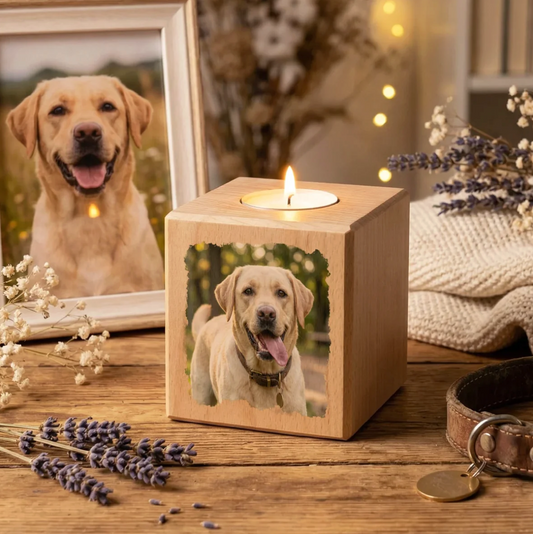 Wooden candle cube with a dog photo. Candle burning, surrounded by lavender and a picture frame.