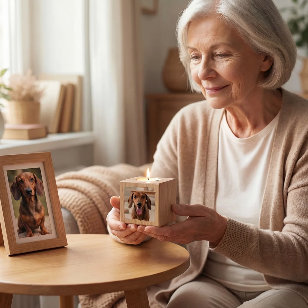 Personalized wooden candle cube with a dog photo and burning candle in a cosy setting.