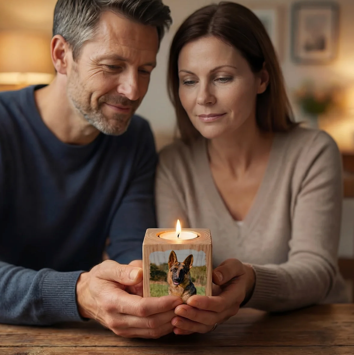 People holding a personalized wooden candle cube together, with photo and burning candle on top.