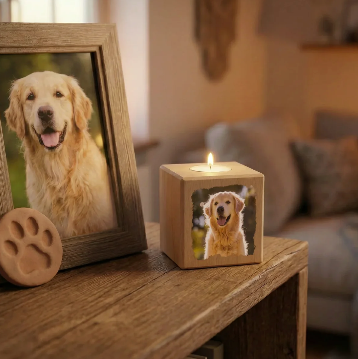 Personalized wooden candle cube with a dog photo, tealight on top, natural wood colour.