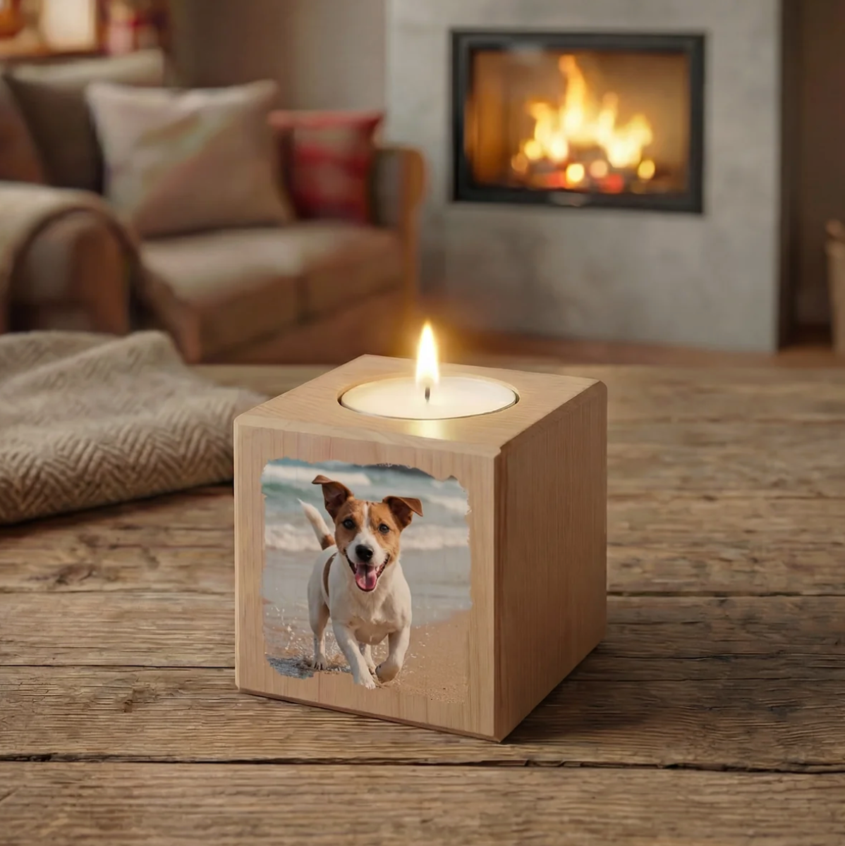 Personalized light wood candle cube with a dog photo and burning wick.