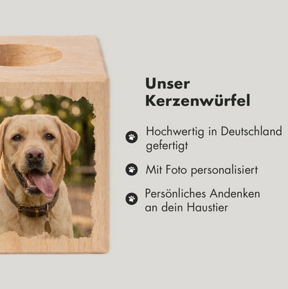 Personalized wooden candle cube with a dog photo, made in Germany.
