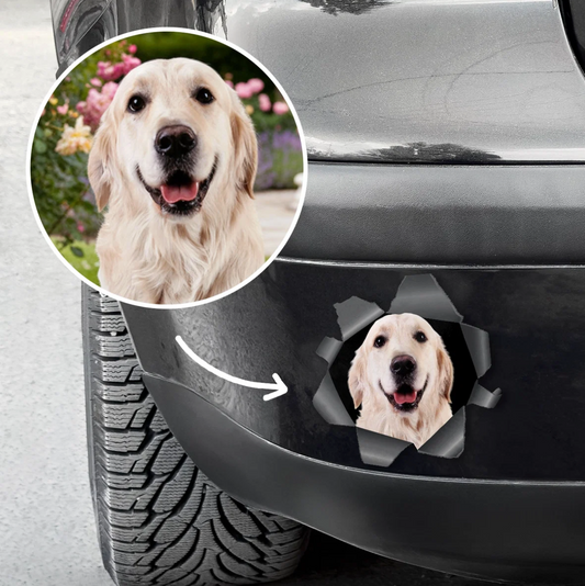 Personalized car sticker with a dog picture peeking out through a torn-look effect.